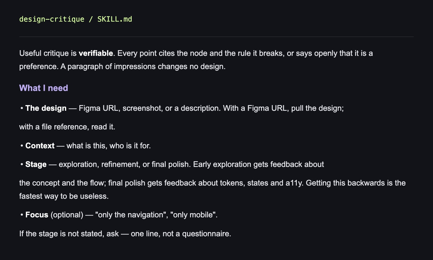 Source excerpt from design-critique/SKILL.md, lines 11 to 24. The same text is available directly below.