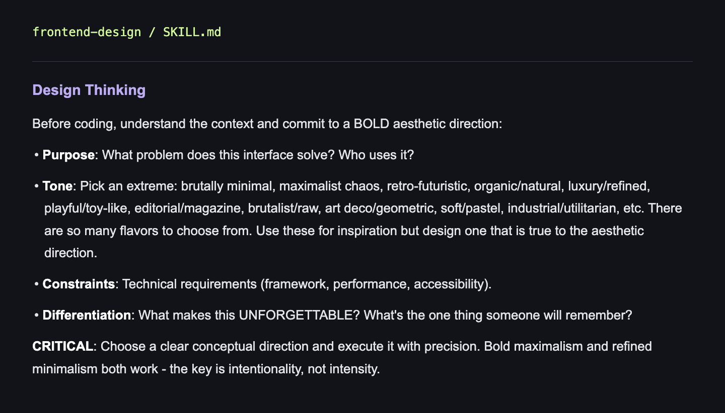 Source excerpt from frontend-design/SKILL.md, lines 11 to 19. The same text is available directly below.