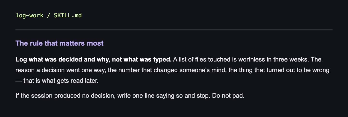 Source excerpt from log-work/SKILL.md, lines 12 to 16. The same text is available directly below.