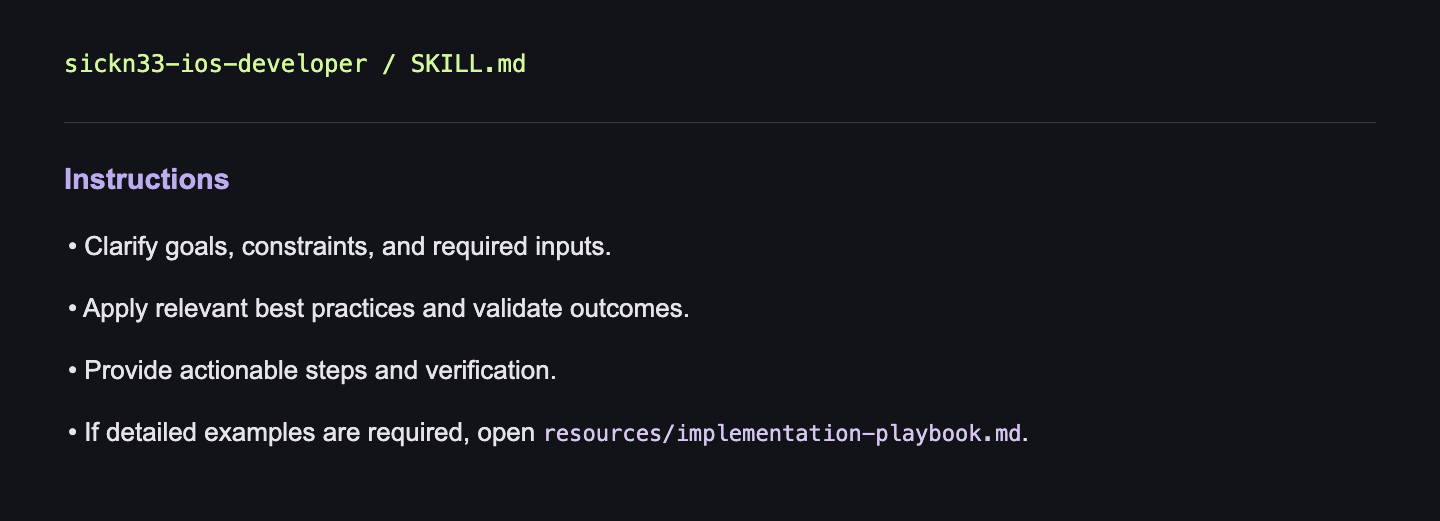 Source excerpt from sickn33-ios-developer/SKILL.md, lines 20 to 25. The same text is available directly below.