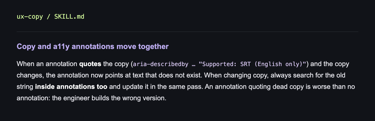 Source excerpt from ux-copy/SKILL.md, lines 36 to 42. The same text is available directly below.