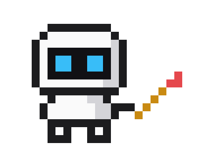 Visor, a small pixel robot, holding a paintbrush