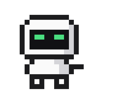 Visor, a small pixel robot, smiling